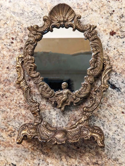 Vintage Ornate Cast Brass Table Tilting Vanity Mirror On Stand Victorian Frame