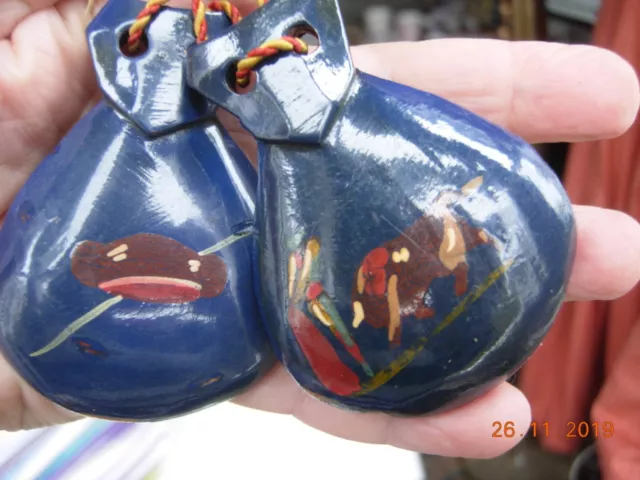 Pair of vintage blue wooden Spanish castanets hand painted bull fighting