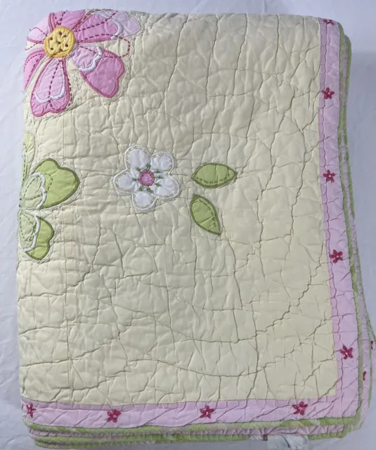 POTTERY BARN KIDS TWIN Quilt Reversible Embroidered Yellow Pink Flowers