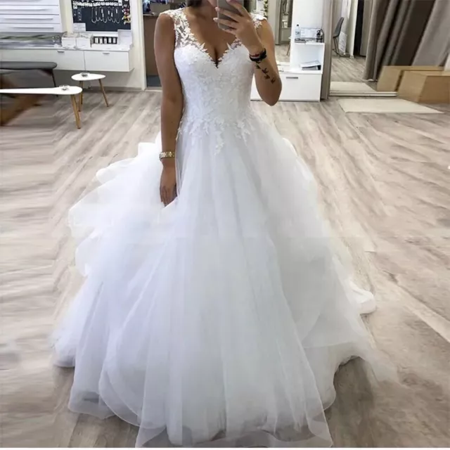 New V-neck Princess Ball Gown Wedding Dresses White Tulle Bridal Gowns Size2-16