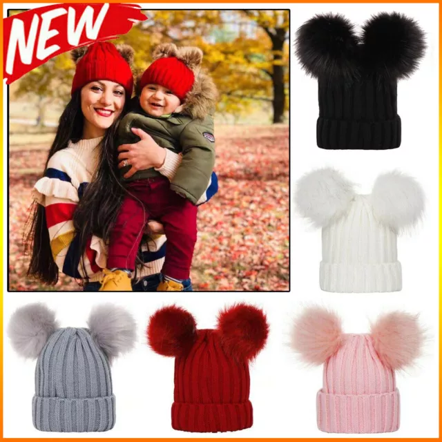 Newborn Boy Girl Baby Double Pom Pom Hat 2 Bobble Beanie Knitted Warm Winter Cap