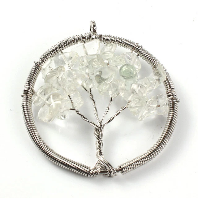 Natural Crystal Quartz Tree of Life Stone Pendant Amulet Healing Reiki Chakra