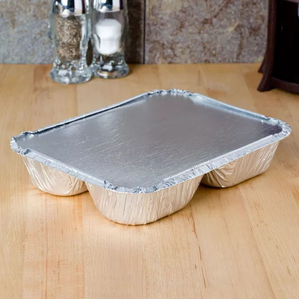 Disposable Aluminum Three Compartment oblong Foil Tray with Aluminum Lid 3