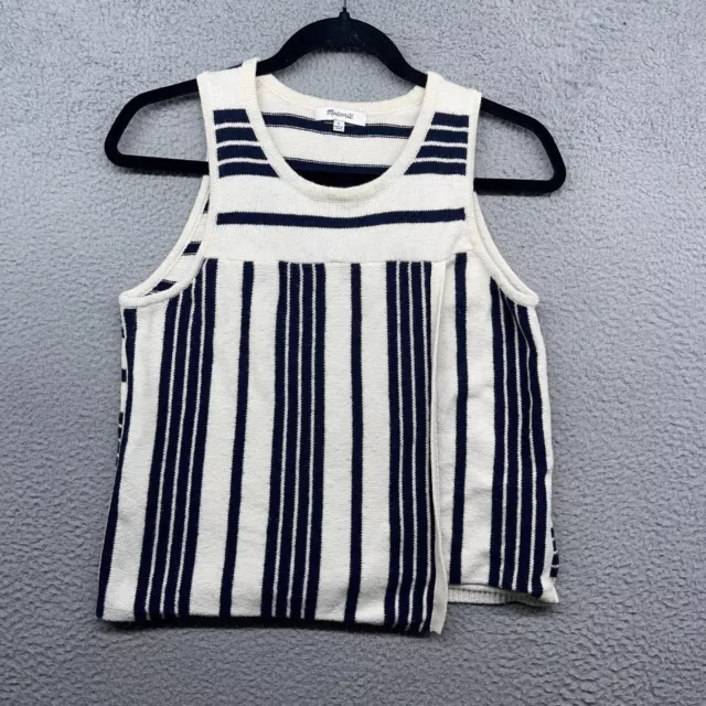 Madewell Women Tank Top White Blue Knit Stripe Sleeveless Scoop Pullover Size S