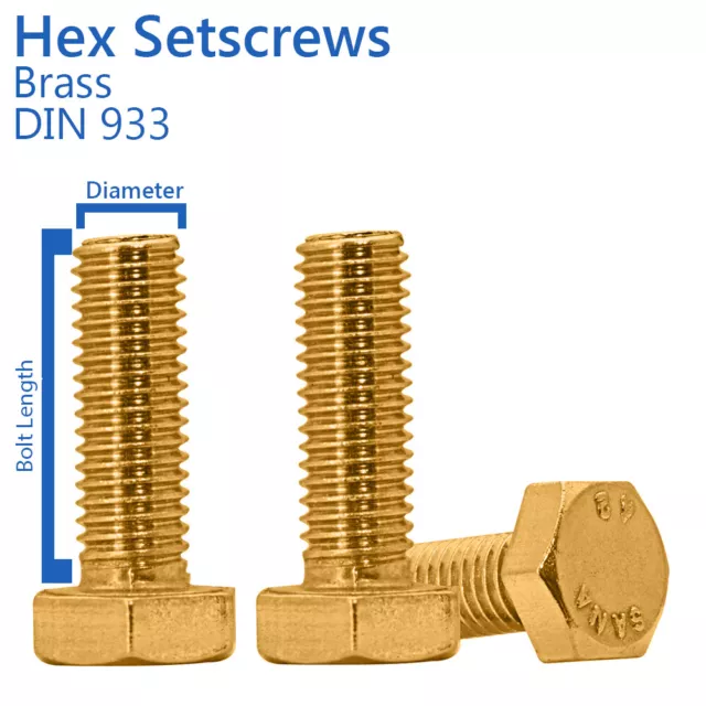 M6 - 6mm BRASS SET SCREWS METRIC HEX HEAD FULLY THREADED BOLTS - DIN 933