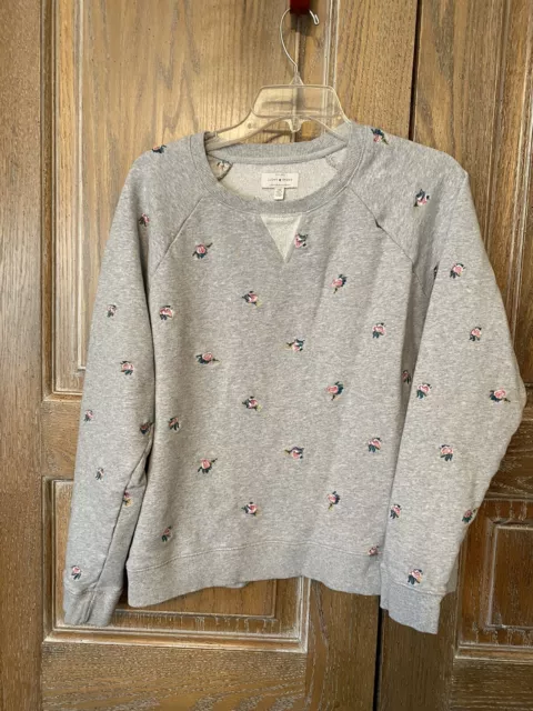 Lucky Brand Womens Size LG Gray Floral Embroidered French Terry Sweatshirt