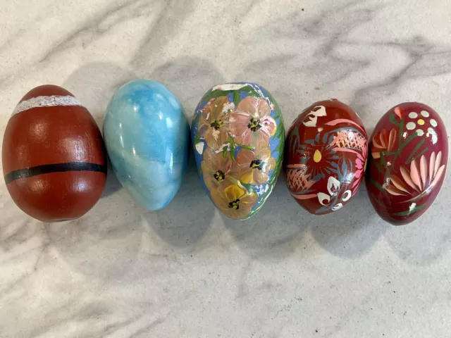 Lot (4) Hand Painted Decorative Eggs Wooden & 1 Blue Marble Egg, 1 Santa🇺🇸🔥