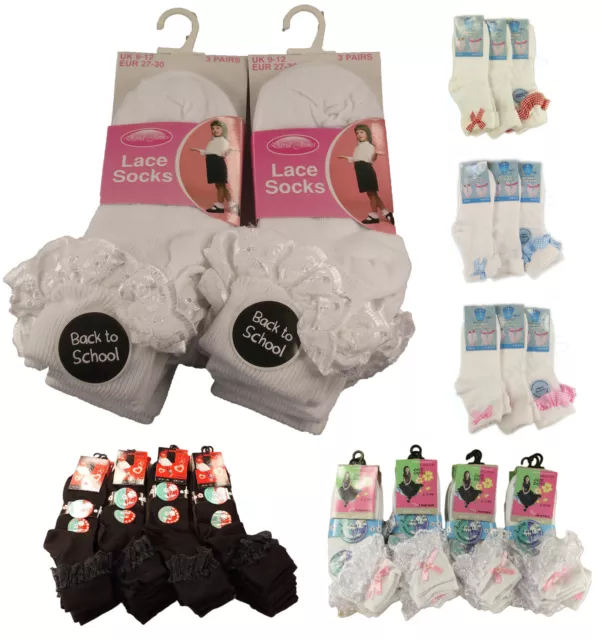 6 Pairs of Kids Girls Lace Socks, SockStack Frilly Chic White Ankle School Socks