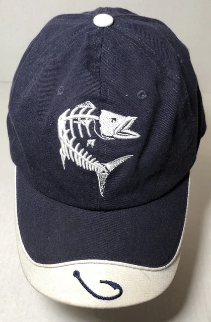 Get Reel Get Fish Cap Hat W/ Embroidery Hook And Skeleton Navy Blue Adjustable