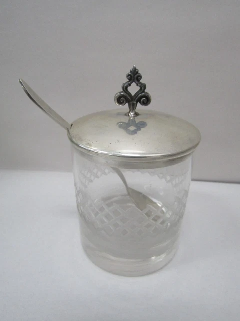 ANTIQUE REED & BARTON X389 Sterling & Etched Glass Jam Jar with Spoon 3