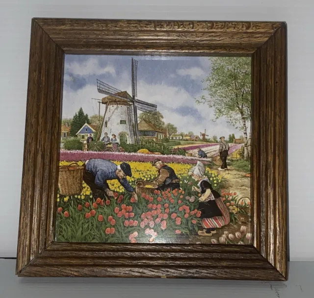 Vintage  Porcelain Dutch Tile Flowers & Windmill Hand-painted Nicely Framed 7.5”