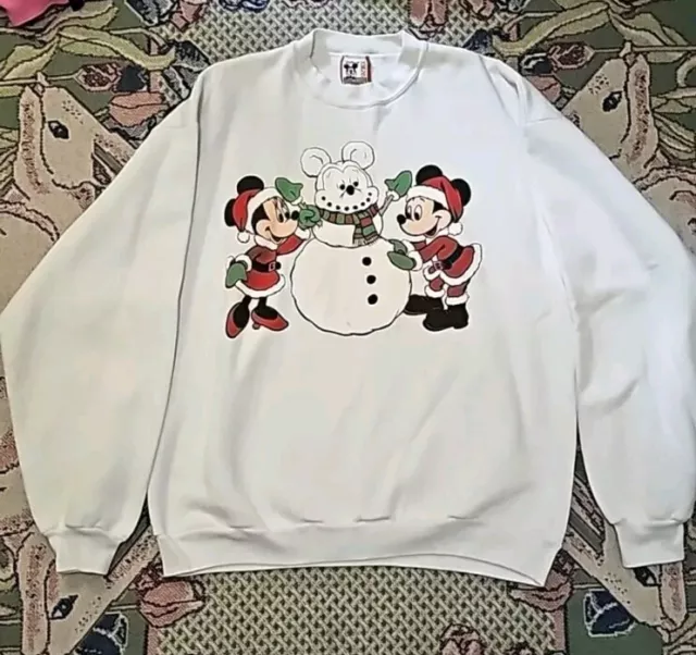 Disney Sweater Vintage Mickey & Minnie Mouse Snowman Graphic Print White B21