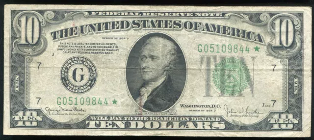 Fr. 2009-G* 1934-D $10 *Star* Frn Federal Reserve Note Chcago, Il Scarce