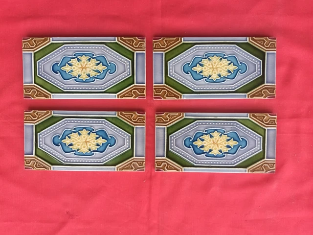 4 Piece Old Art Flower Design Embossed Majolica Ceramic Tiles Japan 0194 3