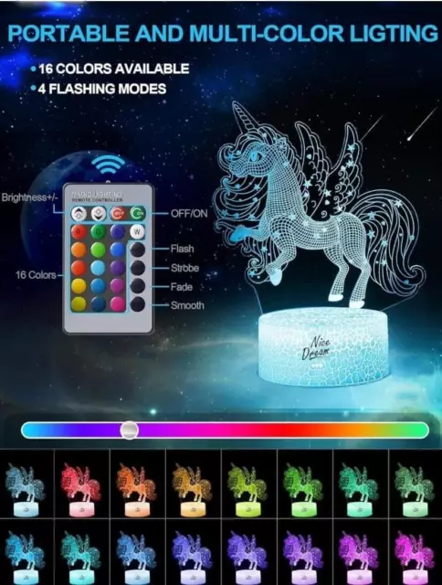 Unicorn 3D Night Light, LED Lamp Toy Gift  for Kids, Multi Colour Remote NEW