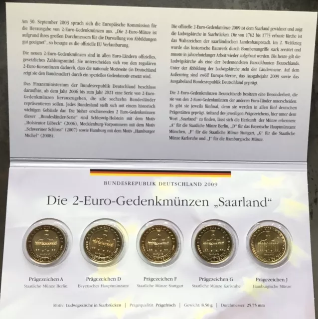 5 x 2 € Euro Gedenkmünzen Set 2009 Saarland Ludwigskirche Saarbrücken BRD PF