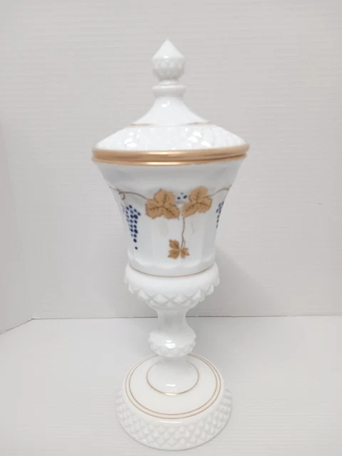 Vintage Westmoreland Milk Glass Covered Urn Wedding Gold Leaves & Grapes 13"