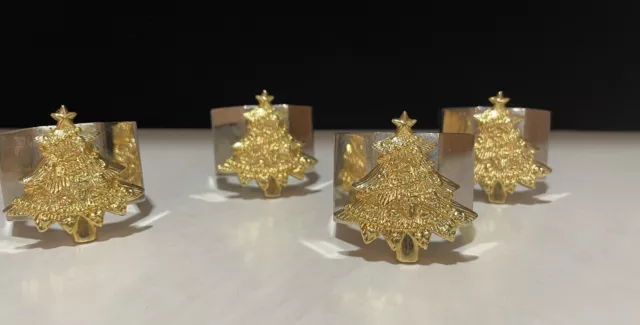 Set of Four Vintage Silver Plate Christmas Napkin Rings with Gold Christmas Tree