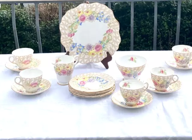 Vintage Royal Stafford  Fern Posy  x  5 Trio Tea set & Cake plate Milk sugar