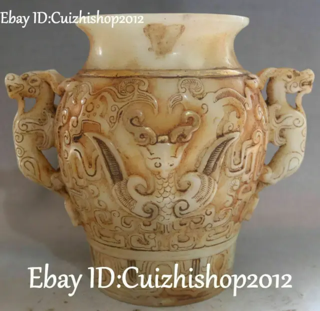 8"Unique China old Jade Gilt Dragon Pixiu Phoenix Animal Vase Bottle Jar Jug Pot