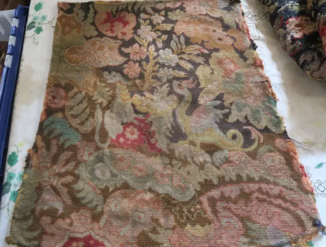 Antique Handmade French Tapestry fragment 21"x22" Birds Floral Needlepoint