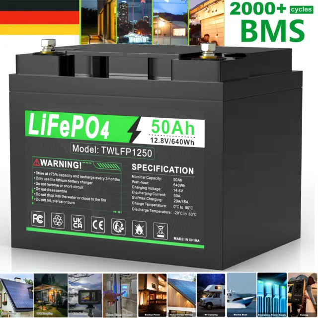 12V 50Ah Lithium Batterie LiFePO4 Akku BMS für RV Wohnmobil Solarbatterie Boote