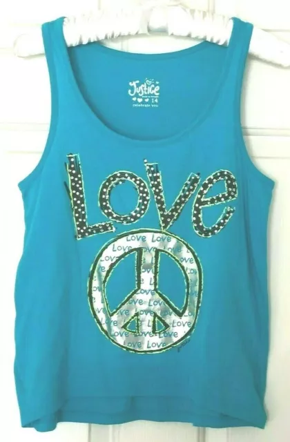 Justice Girls Sparkling Crystal Foil Accent Tank  Top, Love Peace Sign, Size 14