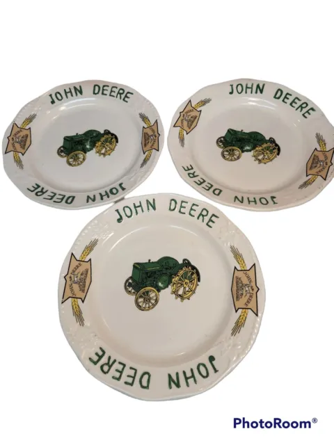 Vintage JOHN DEERE Ceramic Plates w Tractor Logo 10.5" Lot of 3 Heavy