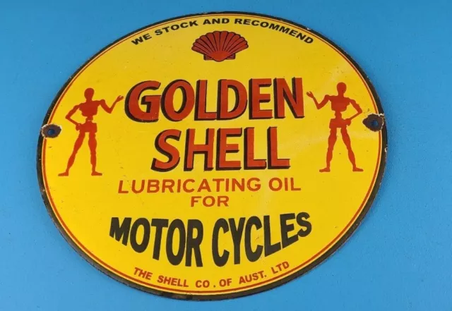 Vintage Shell Gasoline Porcelain Golden Motor Oil Service Station Pump 12" Sign