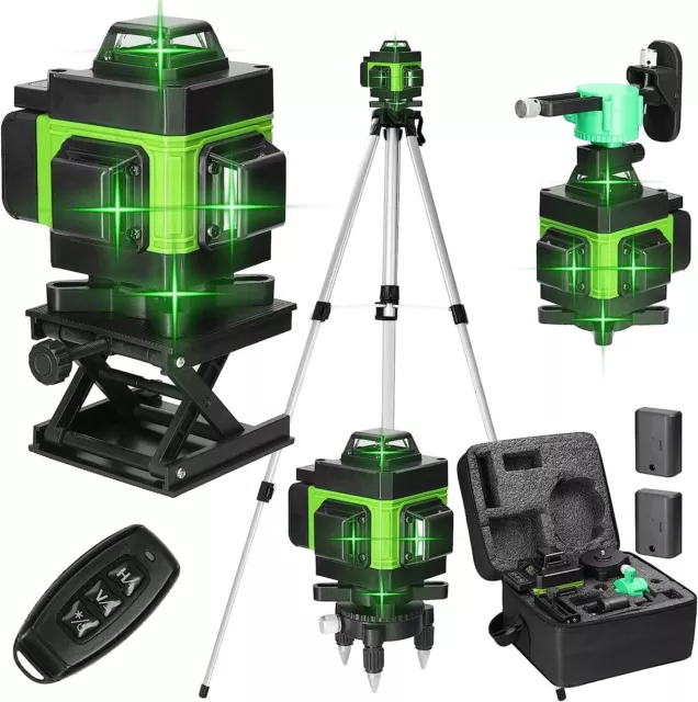 16 Line Laser Level Green Self Leveling 3D Cross Measure Tool Kit + 2 Batteries