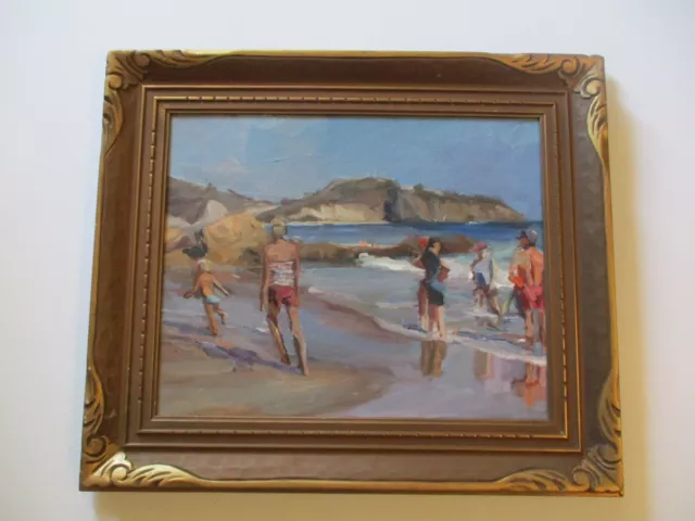 Antique Carved Frame  Oil Painting Coastal Impressionist Masterful Beach Sunny