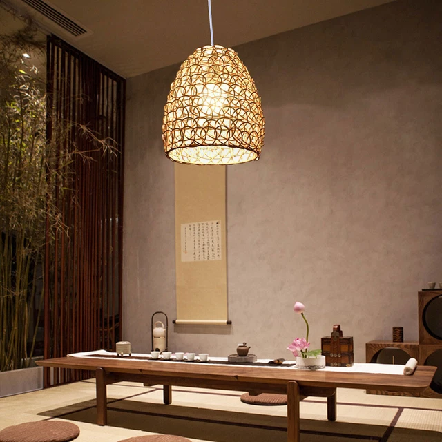 1Pcs Wicker Rattan Dome Shade Pendant Light Fixture Vintage Hanging Ceiling Lamp
