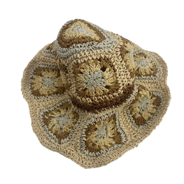 Steve Madden Crochet Straw Hat Granny Square Boho Hippie 70s Beach OS