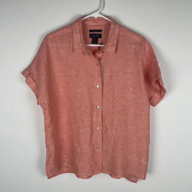 Rachel Roy Linen Boxy Button Up Shirt Coral Short Sleeve Lagenlook Womens Large