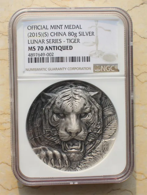 NGC MS70 Antiqued China 80g Silver Medal - Lunar Tiger Year