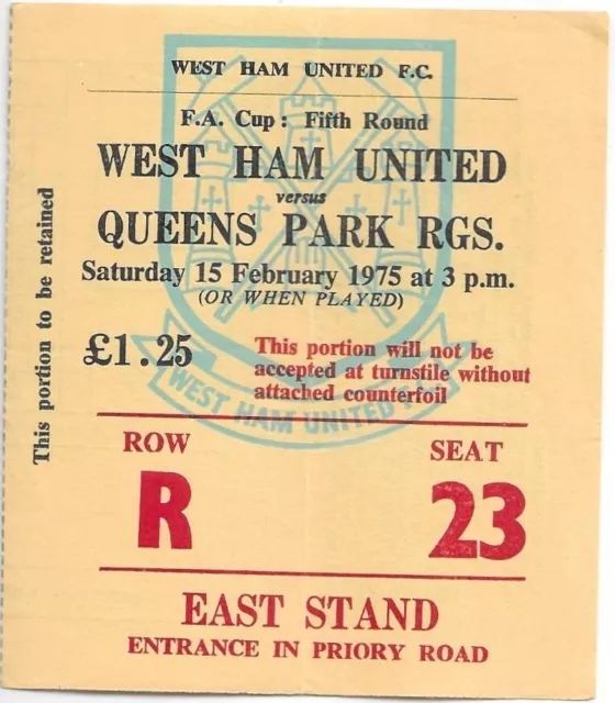 West Ham v Queens Park Rangers 1975 FA Cup ticket - West Ham win cup