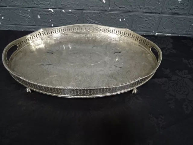 Vintage  Silver Plated Gallery Butler Serving Tray Handles English Antique