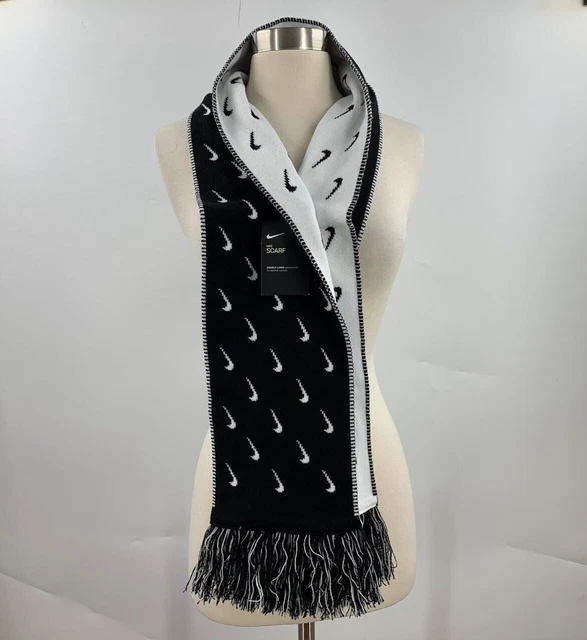 Nike Double Layer Swoosh Logo Black/White Fringe Scarf 7x58 OSFM NWT