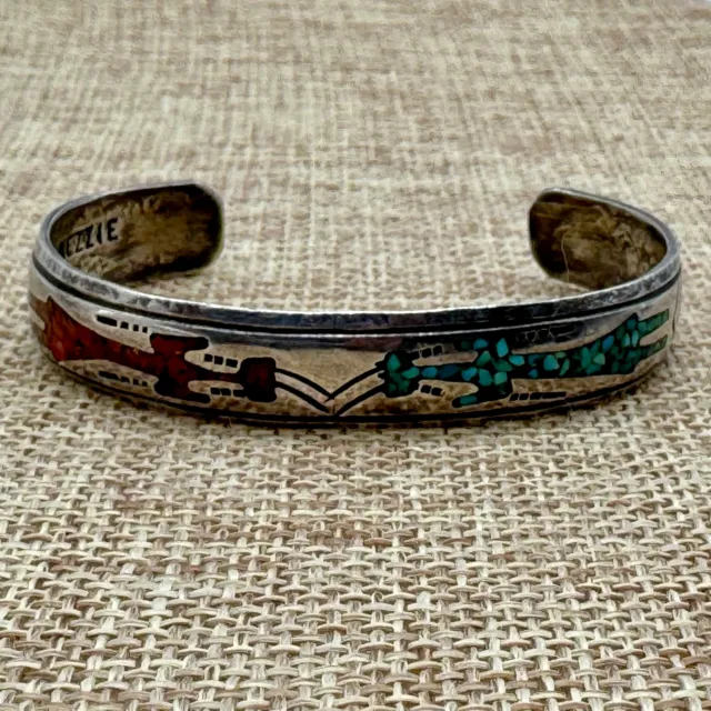 Vtg Sterling Silver Native American Chip Inlay Cuff by Jimmie Nezzie (Navajo)