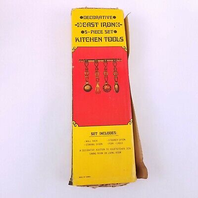Vtg Early American Style Cast Iron Kitchen Tools Utensils Wall Hanger 5 Pieces