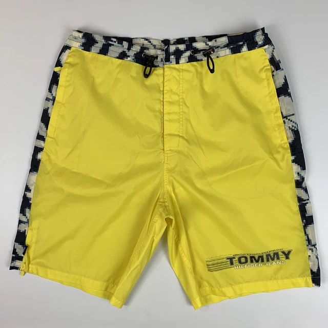 Vtg Tommy Hilfiger Mens Parachute Swim Shorts L Spellout Nylon Trunks Yellow