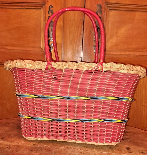Grand Panier Vintage En Osier Tressé Rotin Et Fils Scoubidou - Années 1960