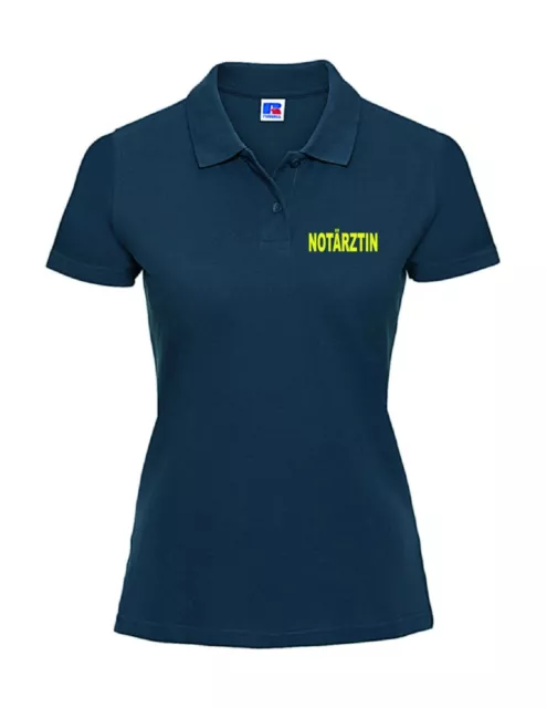 LADY FIT Notärztin Polo-Shirt navy mit Brust- und Rückenaufdruck neongelb 2