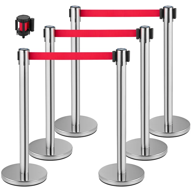 VEVOR Postes Separadores 6 piezas Platas Altura 90 cm Cinta Extensible Roja 2 m