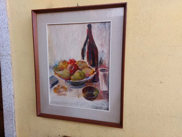 Quadro Dipinto Ad Olio Natura Morta Bottiglia Frautta Anni '60 Arte Moderna Quadro Dipinto Ad Olio Natura Morta Bottiglia Frautta Anni '60 Arte Moderna