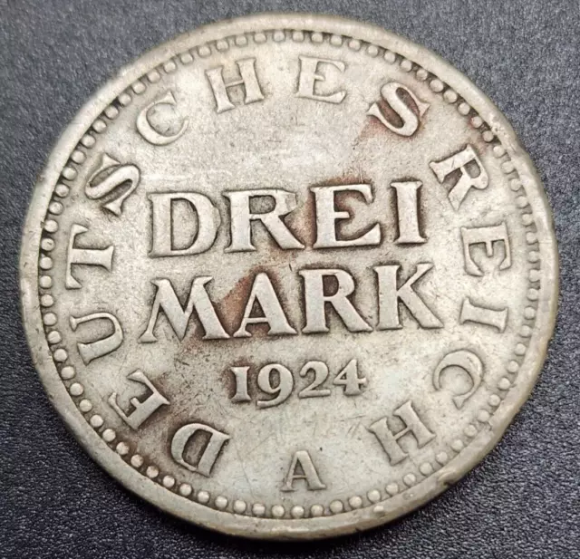 1924 A Germany Weimar Republic 3 Mark Silver Coin - KM# 43 - Fine - # 26973