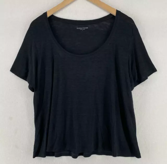 EILEEN FISHER Top L Large Linen Slub Jersey Scoop Neck Short Sleeve Black