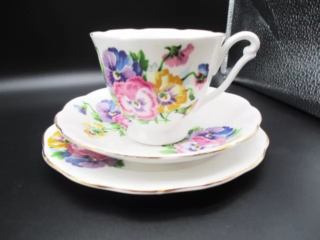 Vintage Art Deco Queen Anne Spring Melody Pansy Bone China Tea Trio