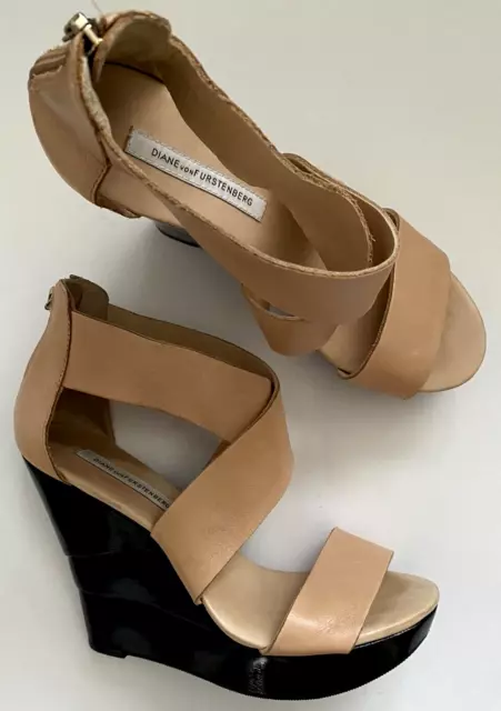 Diane von Furstenberg Opal Wedge Leather Sandals Beige Women's Size 7.5 M
