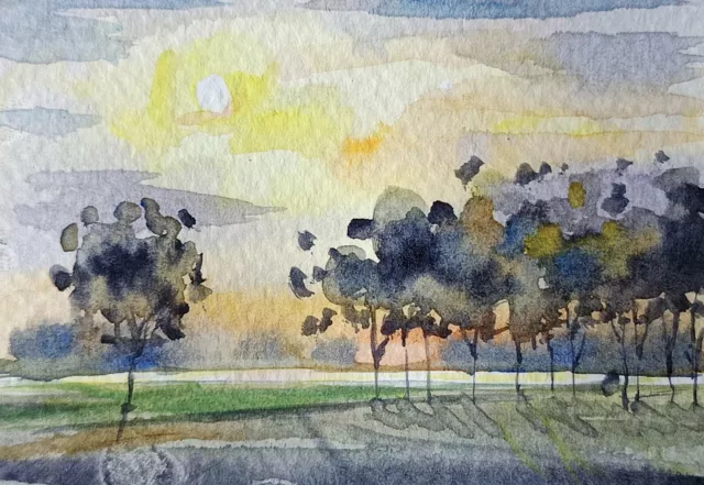 original watercolor painting ACEO Sunset rural river trees evening sky SIBY